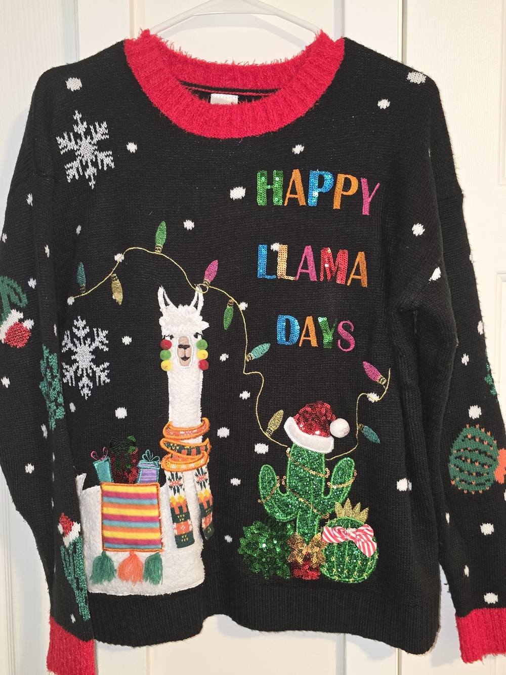 Holiday Time Black Llama Days Sweater with Multicolor Accents